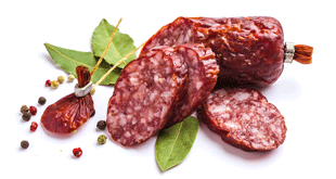 Sliced Salami Sausage with Spices Isolated on White Background