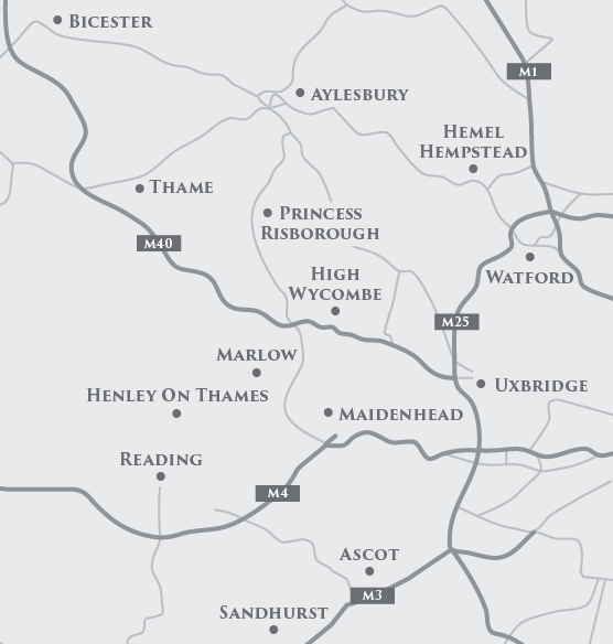 Map of the South West of London. Home Counties, Bucks, Herts, Berks, Oxfordshire.
